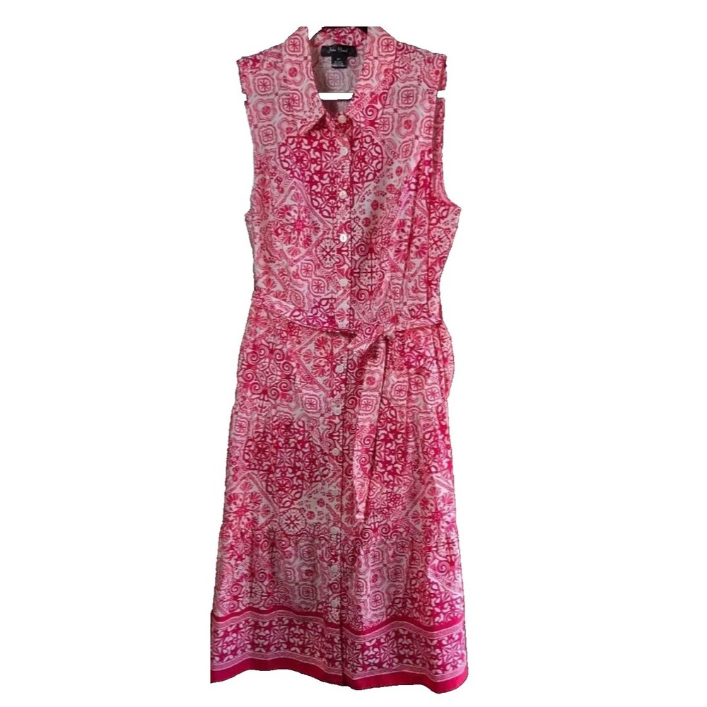 Jessica Howard Women's Red Pink White Print Collared Midi Dress Size 12P NWT